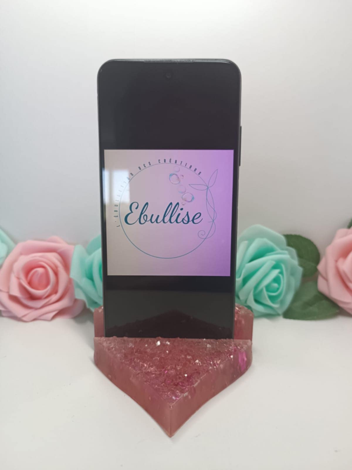 Porte téléphone effet diamant rose et ses feuilles d'or roses