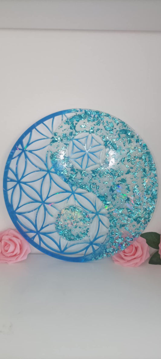 yin et yang mural feuilles bleues et bleu holographiques
