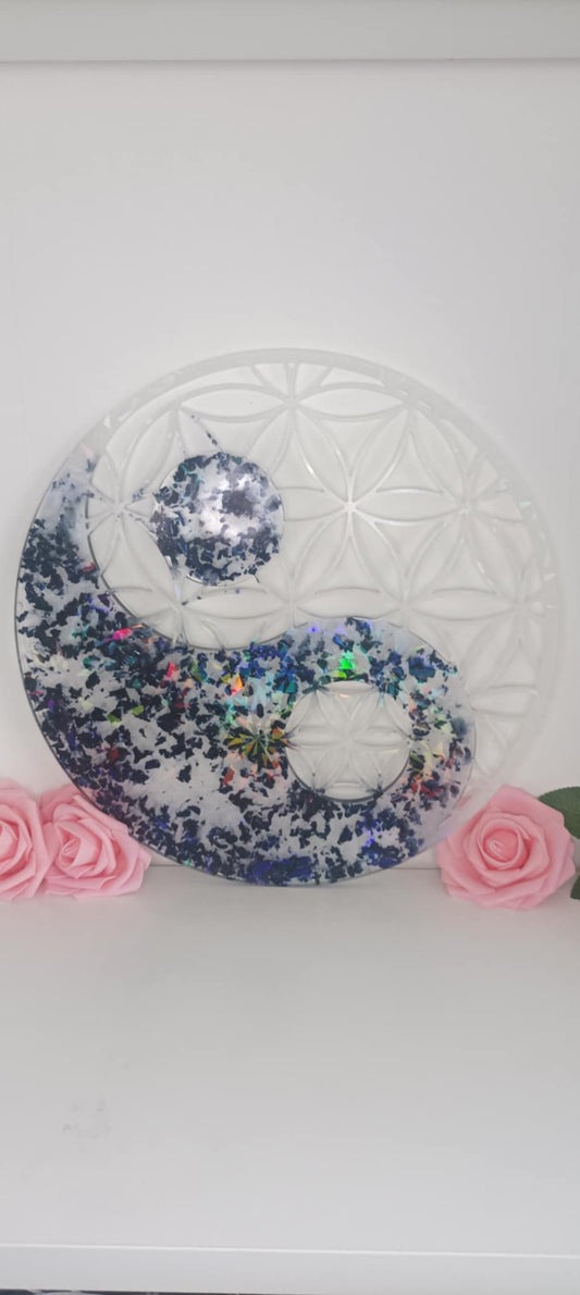 Yin Yang mural feuilles noires et blanc holographique