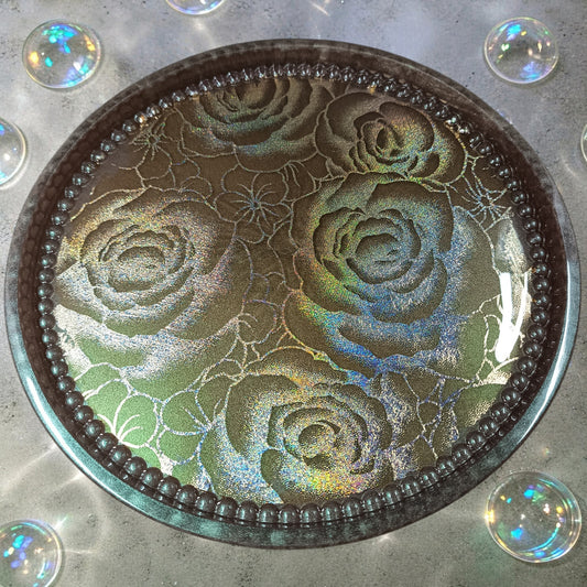 plateau rond moyen bulle et ses fleurs holographiques